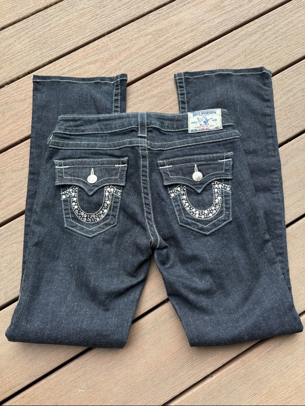 True Religion Blue Bootcut Jeans with Rhinestone Pocket Arches